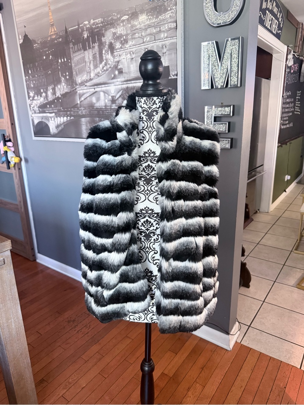 Adore Black & White Striped Faux Fur Vest